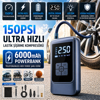 Polham 6000mAh Şarjlı 150PSİ Ultra Hızlı Lastik Şişirme Hava Kompresörü,Araç, Motosiklet, Bisiklet Pompası