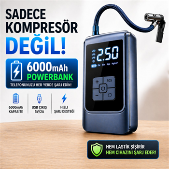 Polham 6000mAh Şarjlı 150PSİ Ultra Hızlı Lastik Şişirme Hava Kompresörü,Araç, Motosiklet, Bisiklet Pompası