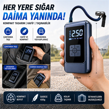 Polham 6000mAh Şarjlı 150PSİ Ultra Hızlı Lastik Şişirme Hava Kompresörü,Araç, Motosiklet, Bisiklet Pompası