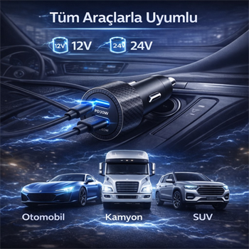 Polham 60W PD Hızlı Araç Şarj Cihazı – 2x Type-C Çıkışlı 12V / 24V Uyumlu Araç Çakmaklık Şarj Adaptörü