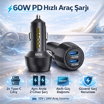 Polham 60W PD Hızlı Araç Şarj Cihazı – 2x Type-C Çıkışlı 12V / 24V Uyumlu Araç Çakmaklık Şarj Adaptörü