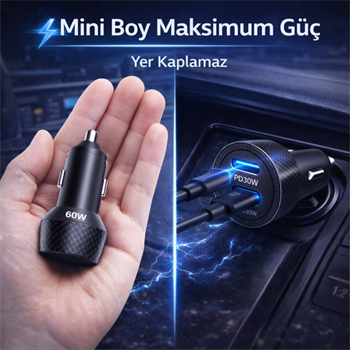 Polham 60W PD Hızlı Araç Şarj Cihazı – 2x Type-C Çıkışlı 12V / 24V Uyumlu Araç Çakmaklık Şarj Adaptörü