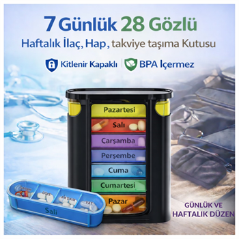 Polham 7 Günlük 28 Bölmeli Haftalık İlaç Kutusu – Kilitli Kapak, BPA İçermez, Günlük Takviye Düzenleyici