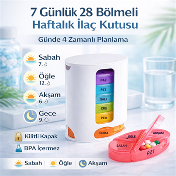 Polham 7 Günlük 28 Bölmeli Haftalık İlaç Kutusu – Kilitli Kapak, BPA İçermez, Günde 4 Zamanlı İlaç ve Takviye Düzenleyici