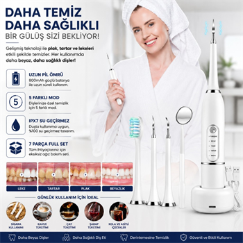 POLHAM 7 Parça Elektrikli Diş Fırçası ve Ağız Bakım Seti – 5 Modlu, 800mAh Şarjlı, IPX7 Su Geçirmez