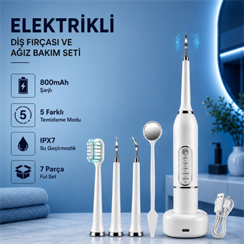 POLHAM 7 Parça Elektrikli Diş Fırçası ve Ağız Bakım Seti – 5 Modlu, 800mAh Şarjlı, IPX7 Su Geçirmez