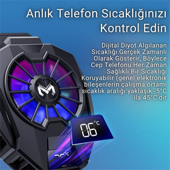 Polham 7500RPM Buz Tipi Radyatörlü Led Işıklı Telefon Soğutucu Fan, Sıcaklık Göstergeli Sessiz Soğutucu