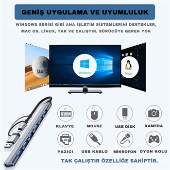Polham 7in1 Type C/USB to 7x USB 3.0 Çoğaltıcı Okuyucu Hup Adaptör, Klavye, Mouse, Yazıcı, USB Okuyucu