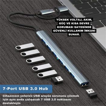 Polham 7in1 Type C/USB to 7x USB 3.0 Çoğaltıcı Okuyucu Hup Adaptör, Klavye, Mouse, Yazıcı, USB Okuyucu