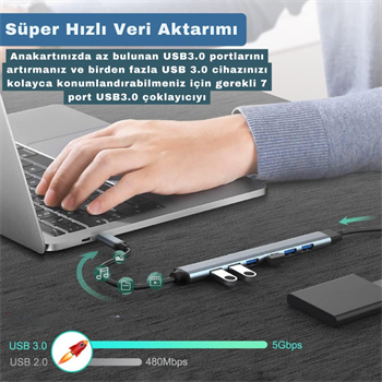 Polham 7in1 Type C/USB to 7x USB 3.0 Çoğaltıcı Okuyucu Hup Adaptör, Klavye, Mouse, Yazıcı, USB Okuyucu