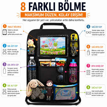 Polham 8 Bölmeli Araç Koltuk Arkası Organizer Tablet Bölmeli Fileli Oto Koltuk Arkası Eşya Düzenleyici