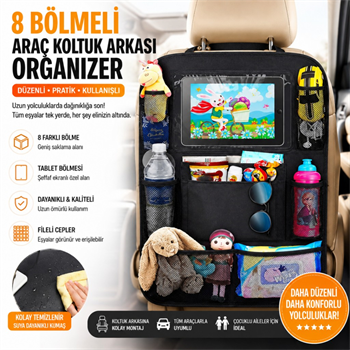 Polham 8 Bölmeli Araç Koltuk Arkası Organizer Tablet Bölmeli Fileli Oto Koltuk Arkası Eşya Düzenleyici