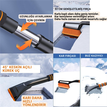 Polham 82CM Uzayabilen Teleskopik Otomobil Buz Kazıyıcı Fırça, Araç Kar Temizleme Çekpası, Kar Küreyici