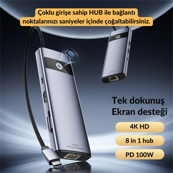 Polham 8in1 100W Type C Çoğaltıcı Hub, 2x USB, 2x PD Type C, 1x TF/SD, 1x 4K HDMİ, 1x RJ45 Çoğaltıcı Adaptör