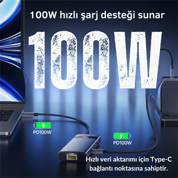 Polham 8in1 100W Type C Çoğaltıcı Hub, 2x USB, 2x PD Type C, 1x TF/SD, 1x 4K HDMİ, 1x RJ45 Çoğaltıcı Adaptör