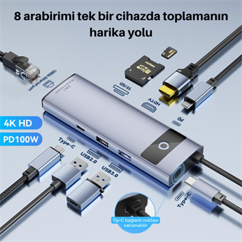 Polham 8in1 100W Type C Çoğaltıcı Hub, 2x USB, 2x PD Type C, 1x TF/SD, 1x 4K HDMİ, 1x RJ45 Çoğaltıcı Adaptör