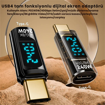 Polham 8K HDMİ, 40Gpbs ve 240W Süper Hızlı Dişi Type C to Erkek Type C Şarj, Data ve HDMİ Çevirici Adaptör