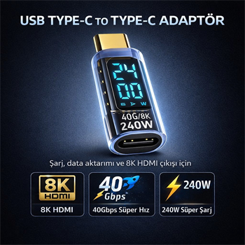 Polham 8K HDMİ, 40Gpbs ve 240W Süper Hızlı Dişi Type C to Erkek Type C Şarj, Data ve HDMİ Çevirici Adaptör