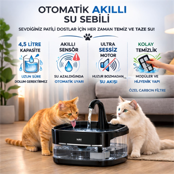 Polham Akıllı Otomatik Kedi Köpek Su Sebili 4.5L | Sessiz Motorlu Sensörlü Pet Su Pınarı | Karbon Filtreli Akıllı Su Kabı