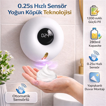 Polham Akıllı Sensörlü Köpük Sabunluk 280ml | 0.25s Hızlı Sensör | Şarjlı | Dijital Ekranlı Otomatik Sabunluk