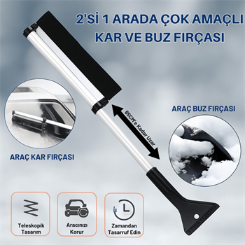 Polham Alüminyum 2in1 65 CM Uzayabilen Teleskopik Kar ve Buz Fırçası Kar Temizleme Fırçası + Buz Kazıyıcı