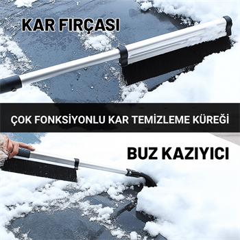 Polham Alüminyum 2in1 65 CM Uzayabilen Teleskopik Kar ve Buz Fırçası Kar Temizleme Fırçası + Buz Kazıyıcı