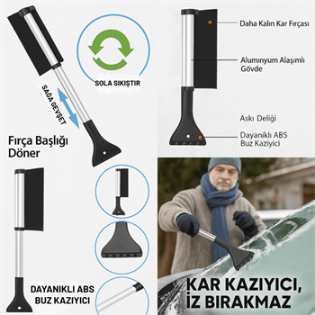 Polham Alüminyum 2in1 65 CM Uzayabilen Teleskopik Kar ve Buz Fırçası Kar Temizleme Fırçası + Buz Kazıyıcı