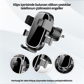 Polham Araç İçi Klipsli Havalandırma Girişli Telefon Tutucu, Üçgen Tasarımlı Kilit Sistemli Titremez Tutucu
