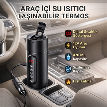 Polham Araç İçi Su Isıtıcı 470 ML – Dijital Sıcaklık Göstergeli Taşınabilir Termos | 12V Çakmaklık Uyumlu, Hızlı Isıtma, Sızdırmaz Kapak