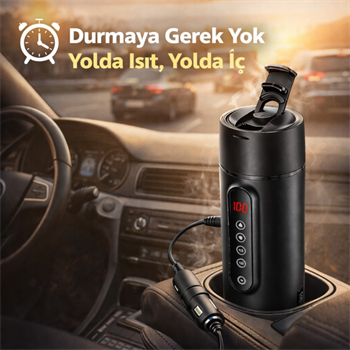 Polham Araç İçi Su Isıtıcı 470 ML – Dijital Sıcaklık Göstergeli Taşınabilir Termos | 12V Çakmaklık Uyumlu, Hızlı Isıtma, Sızdırmaz Kapak