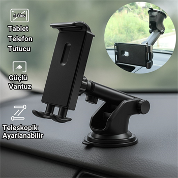 Polham Araç Içi Vantuzlu Torpido ve Cama Yapışan Tablet Tutucu, Teleskopik Tablet Tutucu