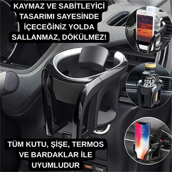 Polham Araç Telefon ve Bardak Tutucu – Sallanmayı Engeller, Ayarlanabilir Yapı, Havalandırma Izgarası Montajlı