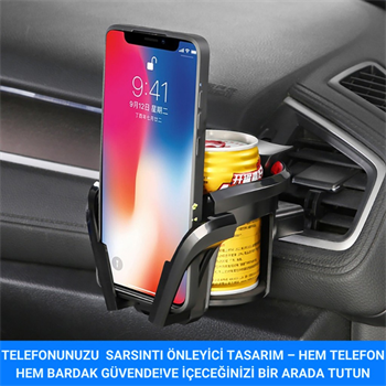 Polham Araç Telefon ve Bardak Tutucu – Sallanmayı Engeller, Ayarlanabilir Yapı, Havalandırma Izgarası Montajlı