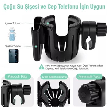 Polham Bebek Arabası için Telefon ve Bardak, Biberon Tutucu, Gidon Uyumlu Telefon ve Bardak Tutucu
