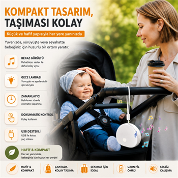 Polham Beyaz Gürültü Uyku Yardımcısı ve Gece Lambası – Dokunmatik, Zamanlayıcılı, Şarjlı, Bebek Uyku Yardımcısı