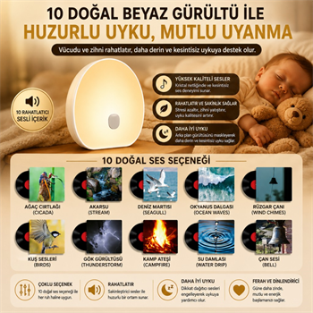 Polham Beyaz Gürültü Uyku Yardımcısı ve Gece Lambası – Dokunmatik, Zamanlayıcılı, Şarjlı, Bebek Uyku Yardımcısı