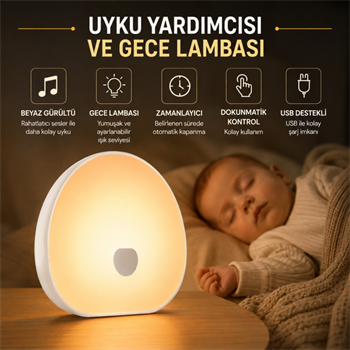 Polham Beyaz Gürültü Uyku Yardımcısı ve Gece Lambası – Dokunmatik, Zamanlayıcılı, Şarjlı, Bebek Uyku Yardımcısı