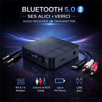 Polham Bluetooth 5.0 Ses Alıcı ve Verici RX/TX | TV İçin Kablosuz Kulaklık Adaptörü | 3.5mm & RCA Destekli