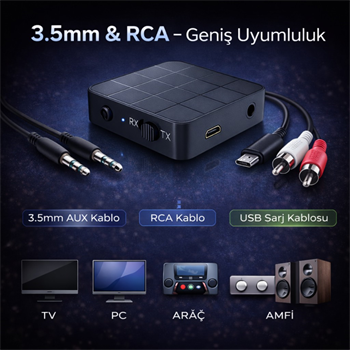 Polham Bluetooth 5.0 Ses Alıcı ve Verici RX/TX | TV İçin Kablosuz Kulaklık Adaptörü | 3.5mm & RCA Destekli