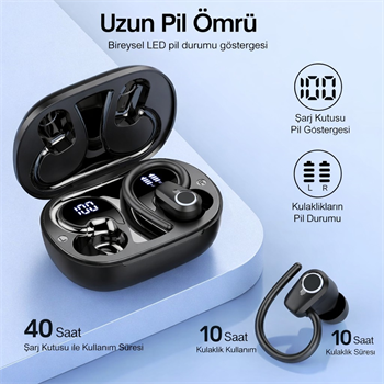 Polham BT5.4 Kancalı Mikrofonlu Bluetooth Kulaklık 500mAh Şarj Kutulu Dijital Göstergeli Spor Kulaklık