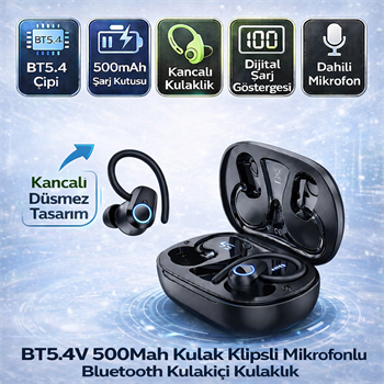 Polham BT5.4 Kancalı Mikrofonlu Bluetooth Kulaklık 500mAh Şarj Kutulu Dijital Göstergeli Spor Kulaklık