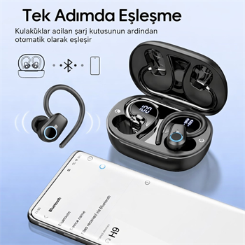 Polham BT5.4 Kancalı Mikrofonlu Bluetooth Kulaklık 500mAh Şarj Kutulu Dijital Göstergeli Spor Kulaklık
