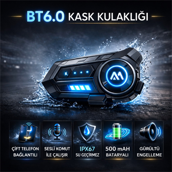 Polham BT6.0 Intercom Kask Kulaklık – IPX67 Su Geçirmez, Gürültü Engelleme, Çift Telefon Destekli, 500Mah Şarjlı