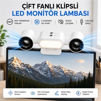 Polham Çift Fanlı Klipsli LED Monitör Lambası – 360° Dönebilen Fan, 5 Kademe Hız, Sessiz Çalışma, USB