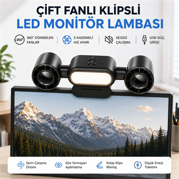 Polham Çift Fanlı Klipsli LED Monitör Lambası – 360° Dönebilen Fan, 5 Kademe Hız, Sessiz Çalışma, USB