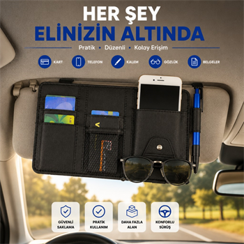 Polham Çok Fonksiyonlu Araç Güneşlik Cüzdanı Organizer – Telefon, Kart, Gözlük ve Kalem Bölmeli Organizer