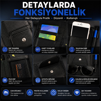 Polham Çok Fonksiyonlu Araç Güneşlik Cüzdanı Organizer – Telefon, Kart, Gözlük ve Kalem Bölmeli Organizer