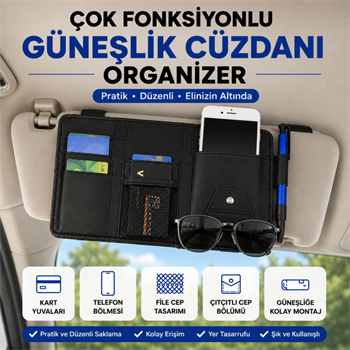 Polham Çok Fonksiyonlu Araç Güneşlik Cüzdanı Organizer – Telefon, Kart, Gözlük ve Kalem Bölmeli Organizer