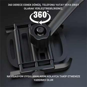 Polham Ful Metal Gidon Uyumlu 360 Derece Dönen Başlık Motorsiklet Telefon Tutucu, Bisiklet, Scooter Uyumlu Sıkıştırmalı Tutucu