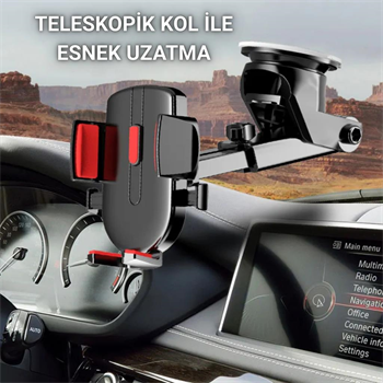 Polham Güçlü Vantuzlu Araç içi Cam ve Torpido Üstü Telefon Tutucu, Uzayabilen, Ergonomik 360 Derece Dönebilen